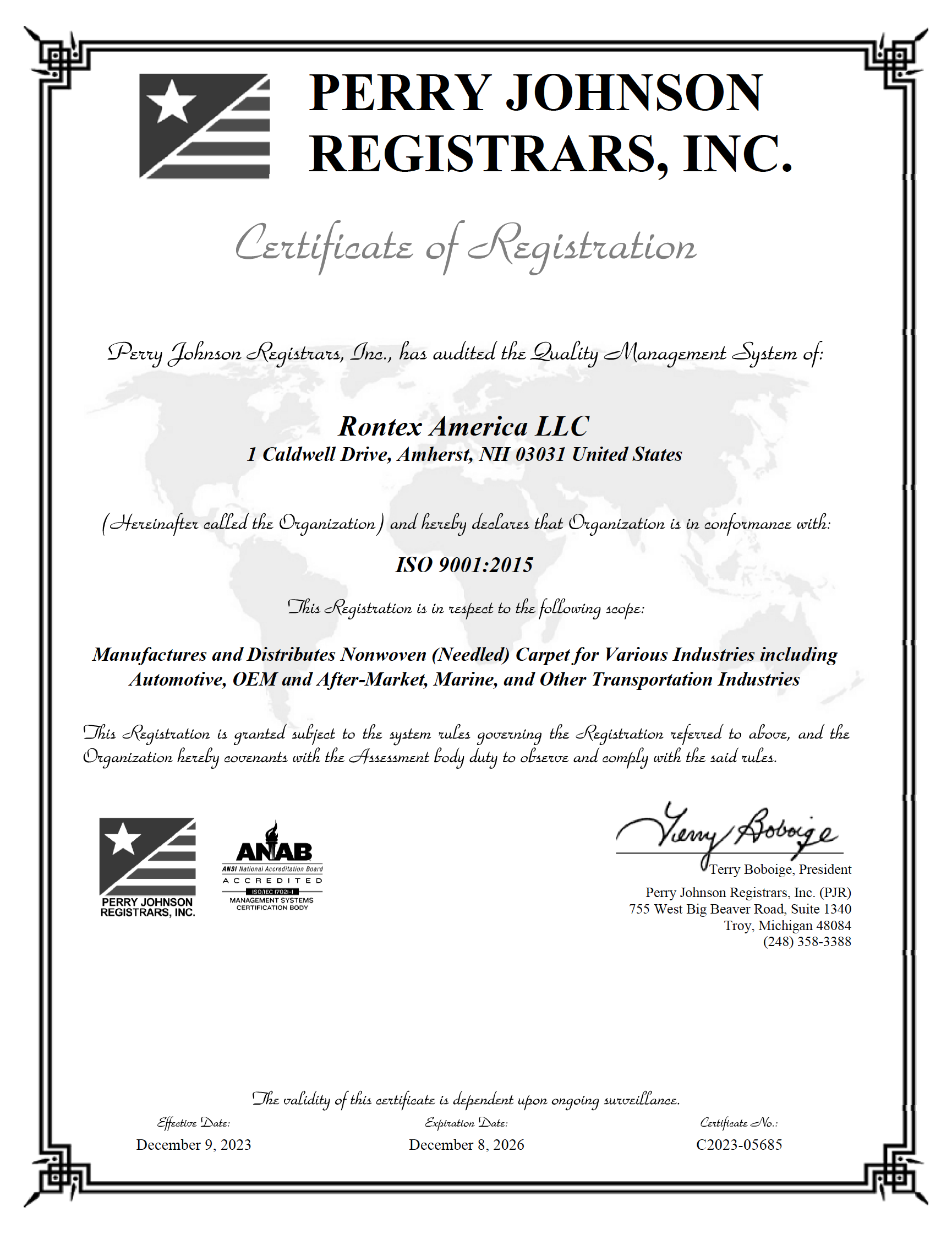 Jones Fiber Products ISO certificate 2022